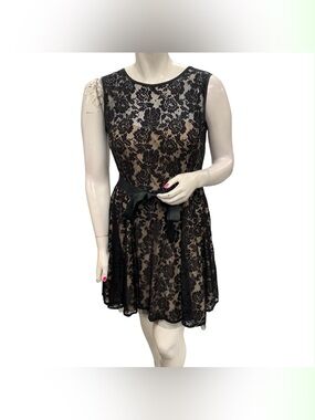 Betsy & Adam Black Lace Fit-and-Flare Dress with Nude Underlay Size L